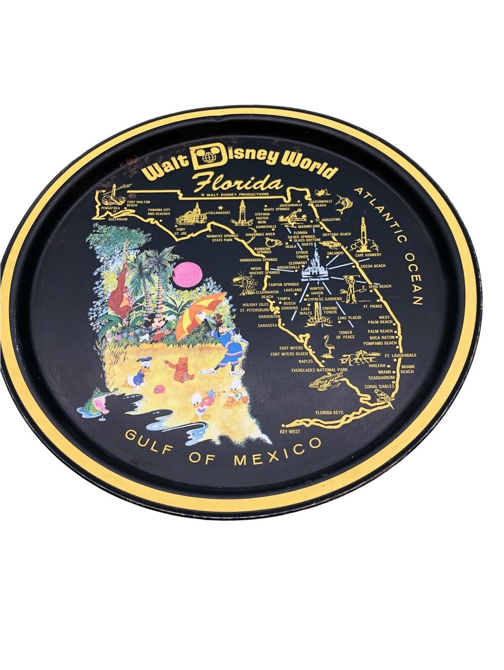 Vintage Disney Walt Disney World Florida Souvenir Metal Tray Map Black Yellow